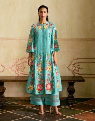 Aqua mosaic floral vines kurta and pants