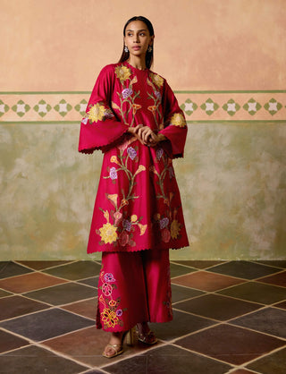 Fuchsia mosaic florals short kurta and flared pants