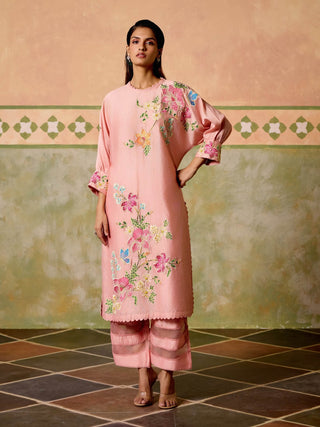 Rose pink mosaic florals kimono kurta and pants