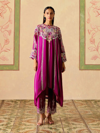 Purple contrast kimono kurta and narrow pants