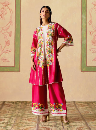 Fuchsia and ivory panelled short kurta and pants