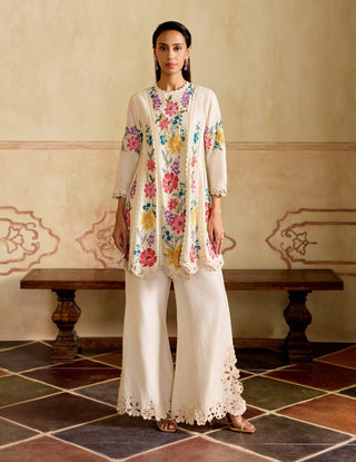 Ivory mosaic vines flared short kurta and bell bottoms