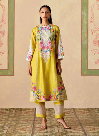 Yellow and ivory embroidered kurta set