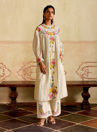 Ivory florals and stripes yoke detail kurta and pants