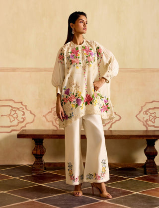 Ivory embroidered kimono tunic and cutwork pants