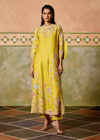 Yellow contrast flared long kurta and pants