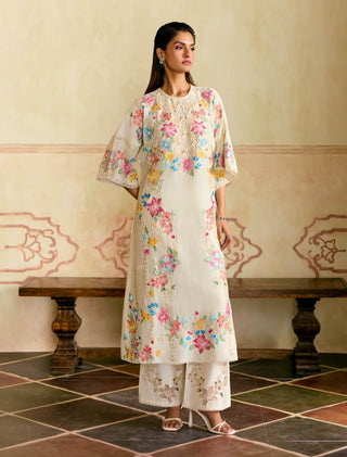 Ivory mosaic florals flared kurta and sheer pants