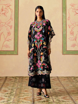 Black floral threadwork and beadwork kaftan and pants