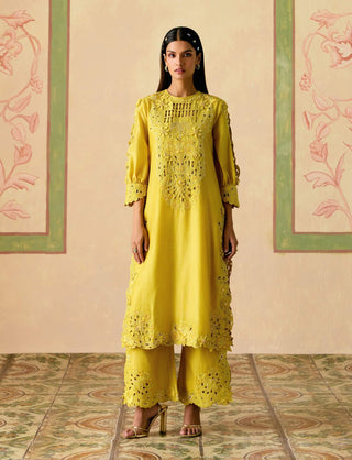 Yellow cutwork and 3d florals kurta set