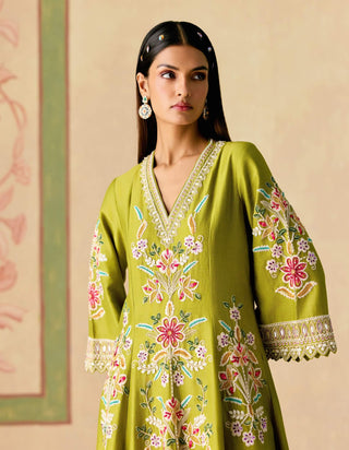 Olive contrast flared short kurta and bell bottom
