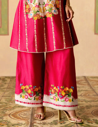 Fuchsia and ivory panelled short kurta and pants