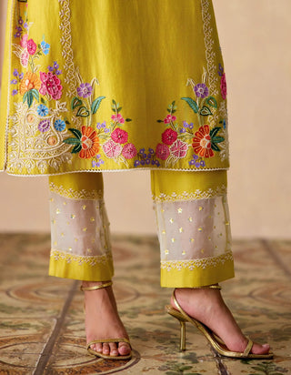 Yellow and ivory embroidered kurta set