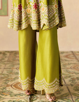 Olive contrast flared short kurta and bell bottom