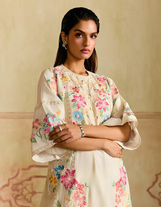 Ivory mosaic florals flared kurta and sheer pants