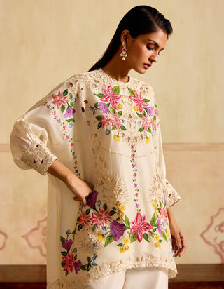 Ivory embroidered kimono tunic and cutwork pants