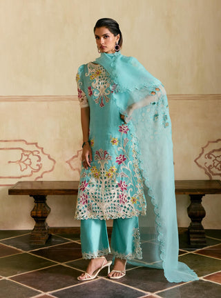 Aqua and ivory applique cutwork kurta set