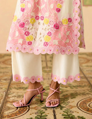 Ivory and pink chanderi appliqué kurta set