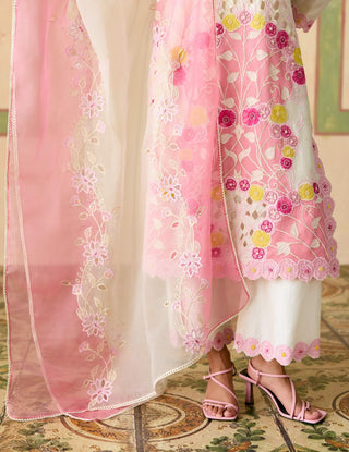 Ivory and pink chanderi appliqué kurta set