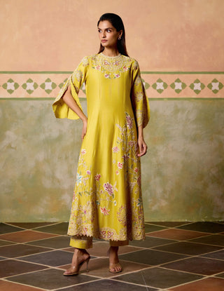 Yellow contrast flared long kurta and pants