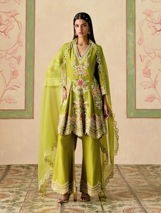 Olive contrast flared short kurta and bell bottom