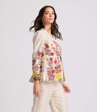 Ivory Floral Threadwork Pleated Jacket by Chandrima available on Indiaspopup.com