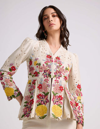 Ivory floral threadwork pleated jacket