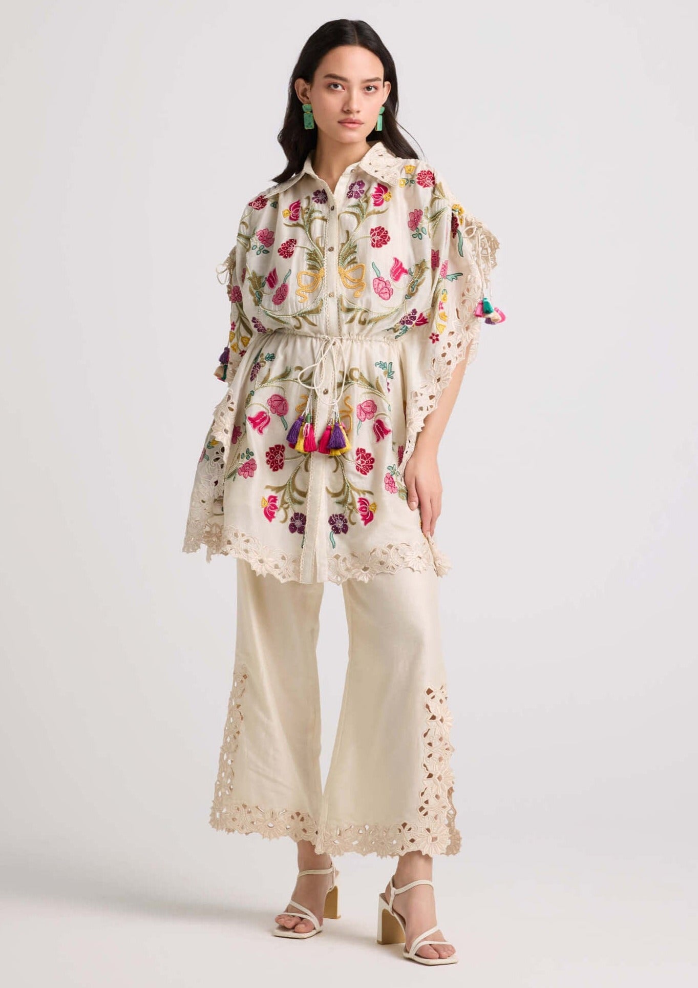 Ivory floral embroidered kaftan shirt – INDIASPOPUP.COM