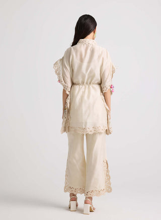 Chandrima-Ivory Floral Embroidered Kaftan Shirt-INDIASPOPUP.COM