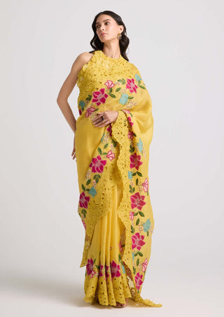 Yellow floral applique and cutwork sari