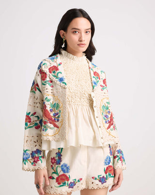 Ivory Chanderi Applique Short Jacket by Chandrima available on Indiaspopup.com