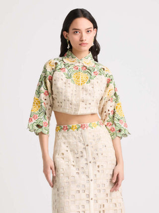 Chandrima-Ivory Floral Checkered Cutwork Crop Shirt-INDIASPOPUP.COM