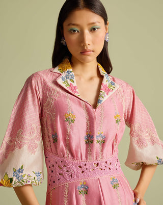 Pink and ivory color block embroidered dress