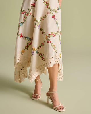 Ivory floral vines embroidered ruched dress