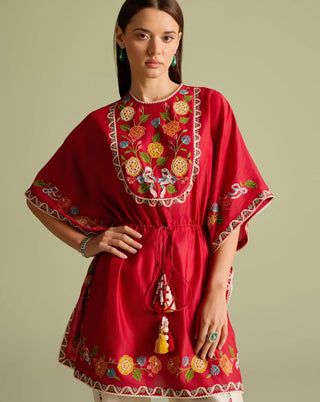 Red embroidered yoke detail kaftan and pants