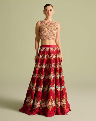 Ivory scallop embroidered top and red lehenga