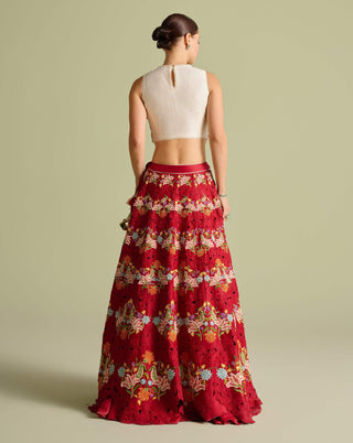 Ivory scallop embroidered top and red lehenga