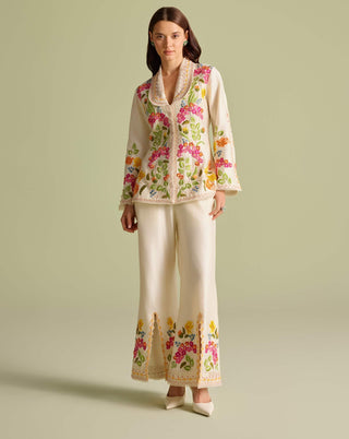 Ivory floral threadwork flared jacket and pants