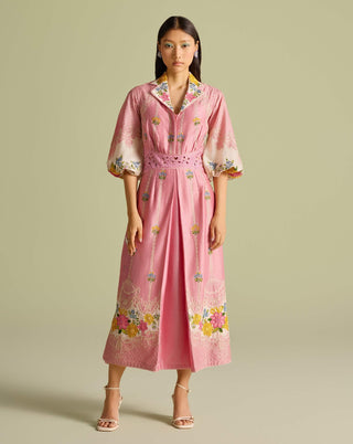 Pink and ivory color block embroidered dress