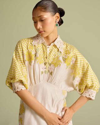 Ivory and yellow checkered kimono dress