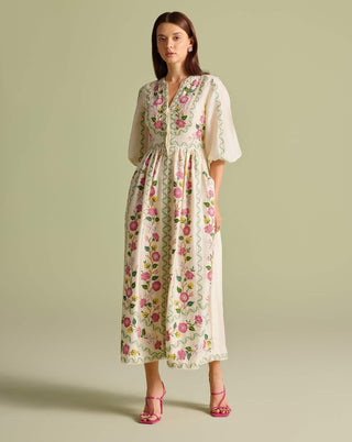 Ivory floral vines midi dress