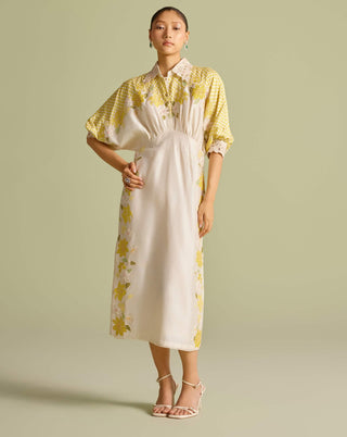 Ivory and yellow checkered kimono dress