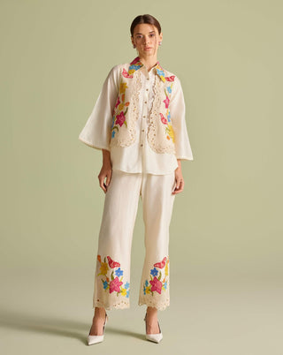 Ivory floral mesh layered shirt and pants