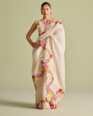 Ivory multicolor floral embroidered sari and blouse