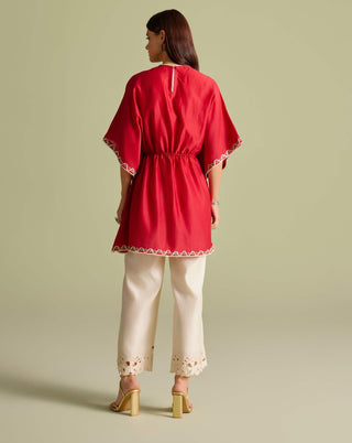 Red embroidered yoke detail kaftan and pants