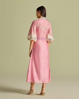 Pink and ivory color block embroidered dress