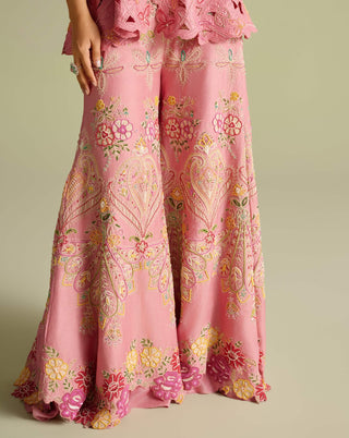 Pink cutwork peplum jacket and sharara pants