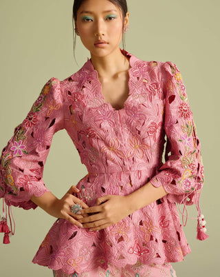 Pink cutwork peplum jacket and sharara pants