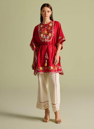 Red embroidered yoke detail kaftan and pants