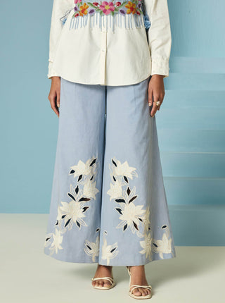 Powder blue contrast embroidered flared pants
