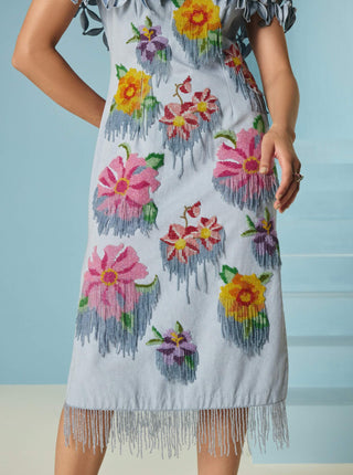 Powder blue floral beadwork cape dress